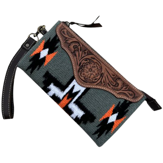 Saddle Blanket and Tooling Leather Clutch - Gray
