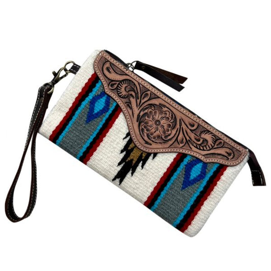 Saddle Blanket and Tooling Leather Clutch - White