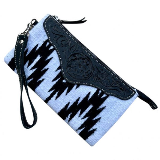 Saddle Blanket and Tooling Leather Clutch - Black