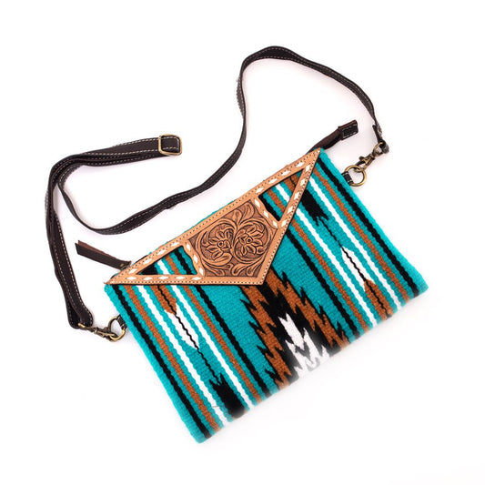 Saddle Blanket and Tooling Leather Large Clutch - Turquoise
