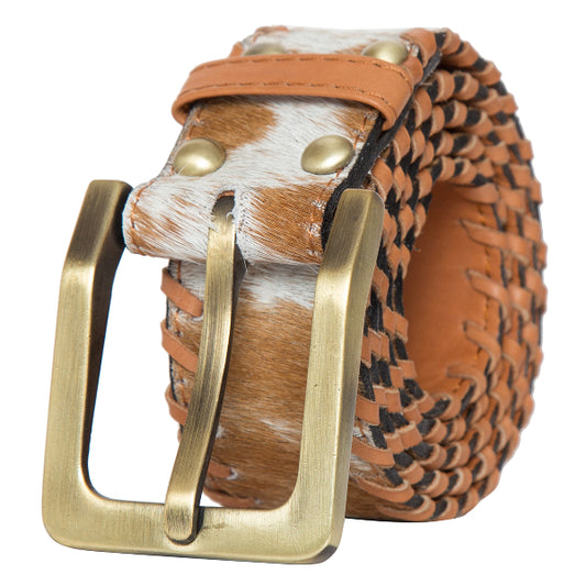 Boho Belt – Tan and White Cowhide Woven Belt