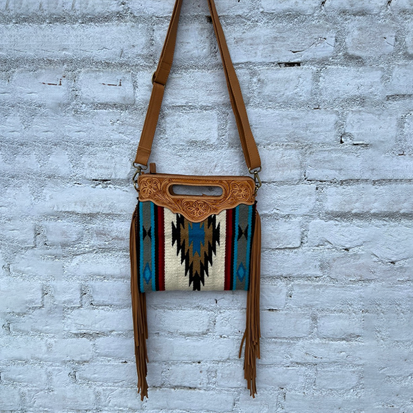 Saddle Blanket Fringed Sling Bag with Tooling Leather