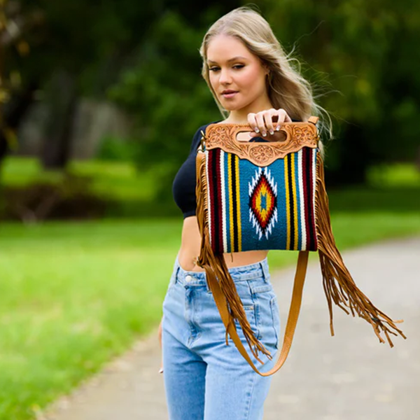 Saddle Blanket Fringed Sling Bag with Tooling Leather