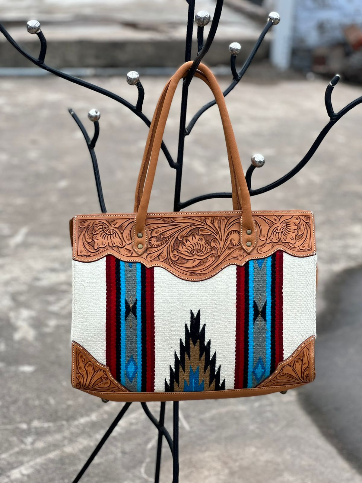 Saddle Blanket Large Bag with Tooled Leather