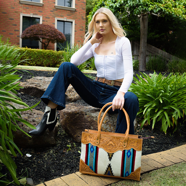 Saddle Blanket Large Bag with Tooled Leather