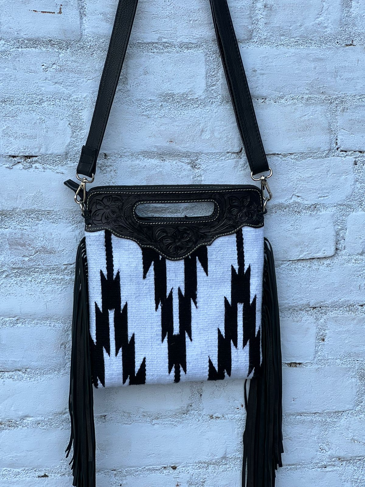 Saddle Blanket Fringed Sling Bag with Tooling Leather