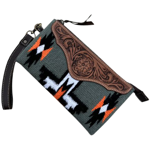 Saddle Blanket and Tooling Leather Clutch - Gray