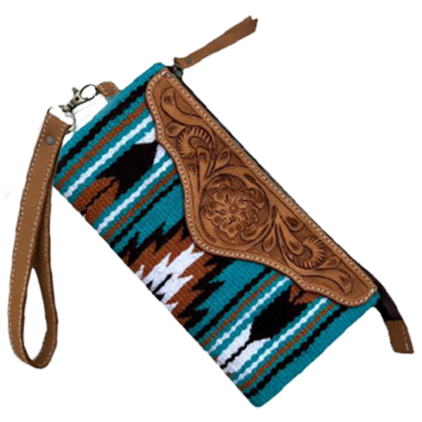 Saddle Blanket and Tooling Leather Clutch - Turquoise