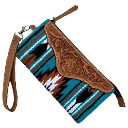 Saddle Blanket and Tooling Leather Clutch - Turquoise