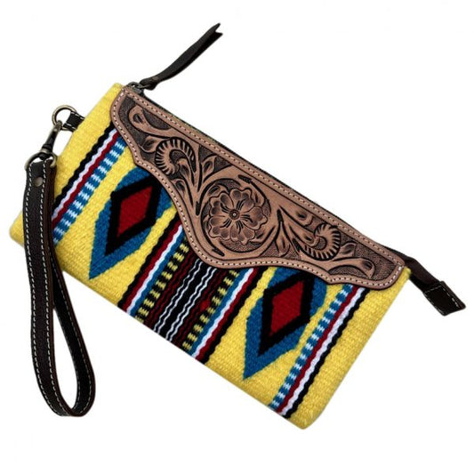Saddle Blanket and Tooling Leather Clutch - Yellow