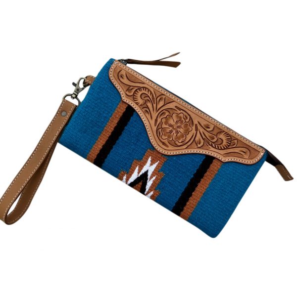 Saddle Blanket and Tooling Leather Clutch - Blue