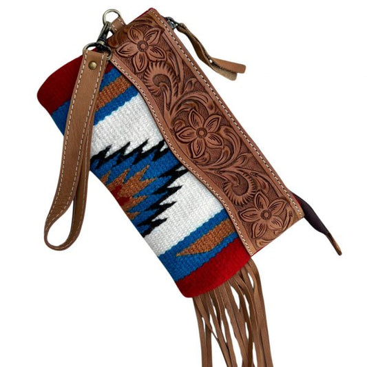 Saddle Blanket and Tooling Leather Fringed Clutch