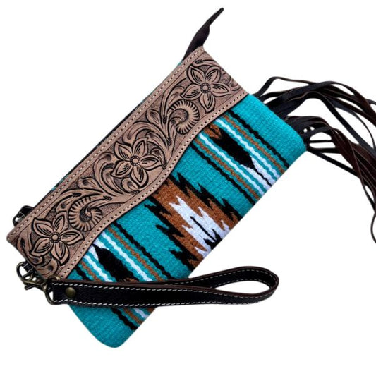 Saddle Blanket and Tooling Leather Tassel Clutch - Turquoise