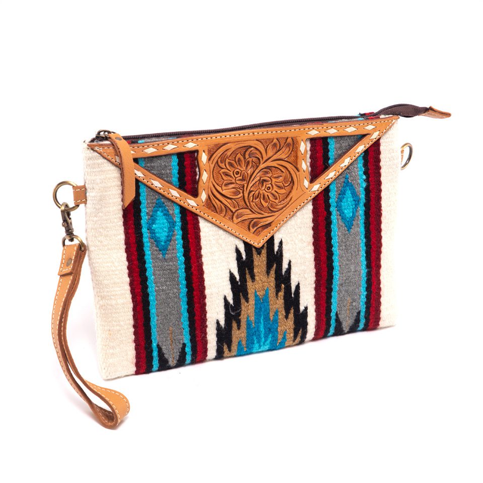 Saddle Blanket and Tooling Leather Large Clutch - White