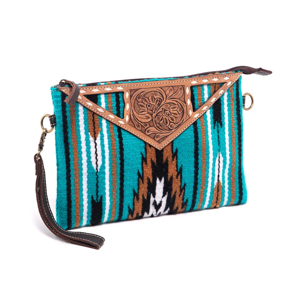 Saddle Blanket and Tooling Leather Large Clutch - Turquoise