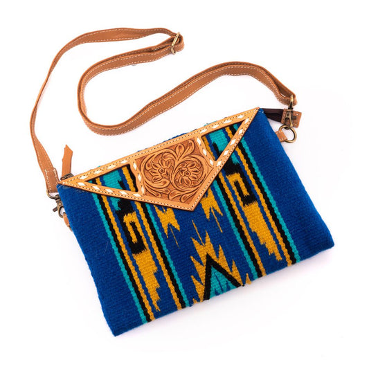 Saddle Blanket and Tooling Leather Large Clutch - Blue