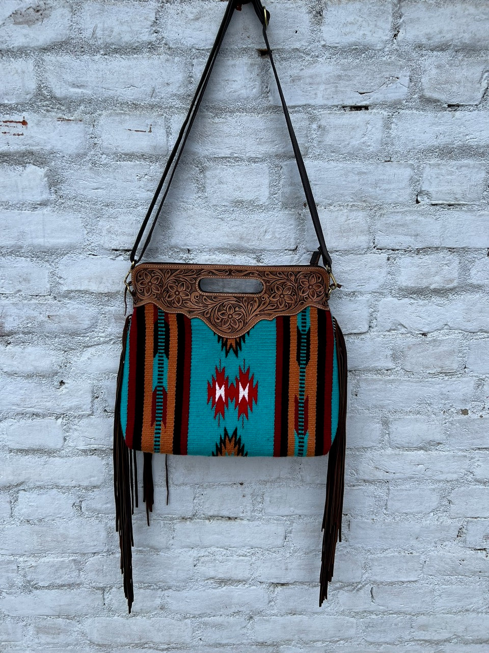 Saddle Blanket Fringed Sling Bag with Tooling Leather - Teal